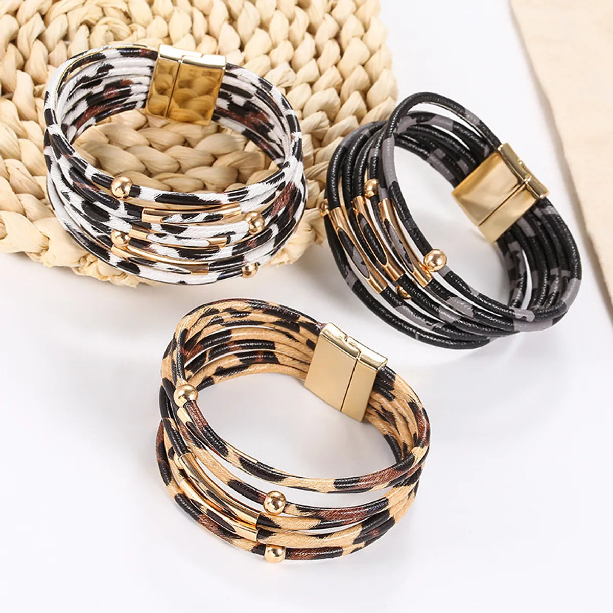 women’s bangles-Retro Leopard Pu Leather Beaded Layered Women'S Bracelets 1 Piece