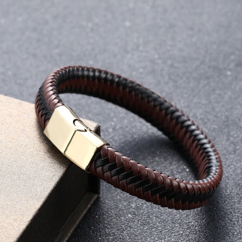 Leather Single Layer Gold Buckle Coffee Leather Bracelet