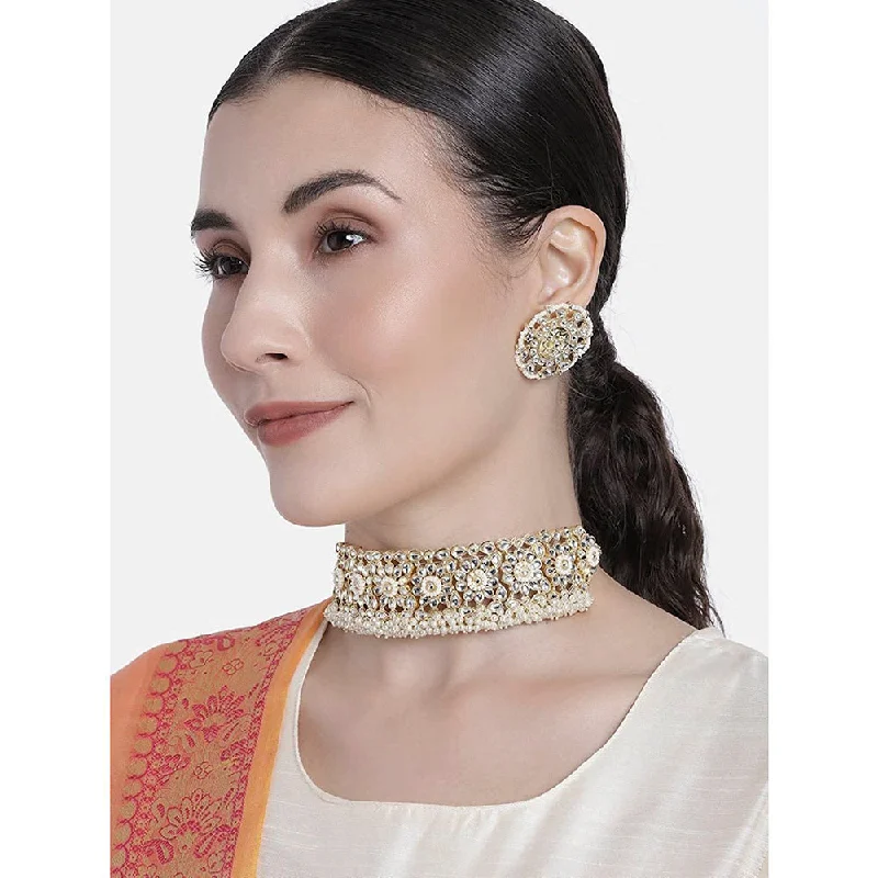 women’s ruby necklaces-Etnico 18k Gold Plated Traditional White Kundan & Pearl Studded Choker Necklace Jewellery Set For Women/Girls (K7208W)