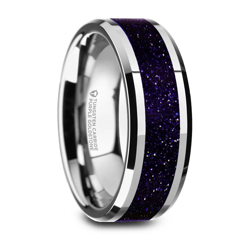 women’s multi-stone engagement rings-Thorsten Maki Beveled Tungsten Polished Finish Wedding Ring w/ Purple Goldstone Inlay (8mm) W5986-WTPGS