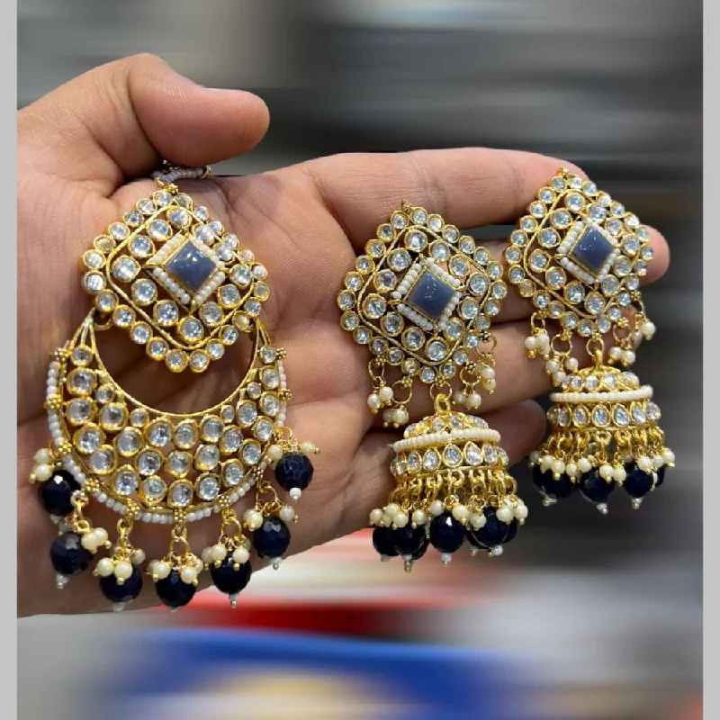 women’s cubic zirconia earrings-Hira Collections Gold Plated Kundan Stone And Beads Jhumki With Maangtikka