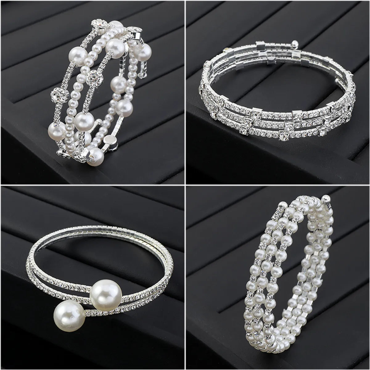 women’s double-layered bangles-Fashion Rhinestone Pearl Multi-layer Winding Bracelet