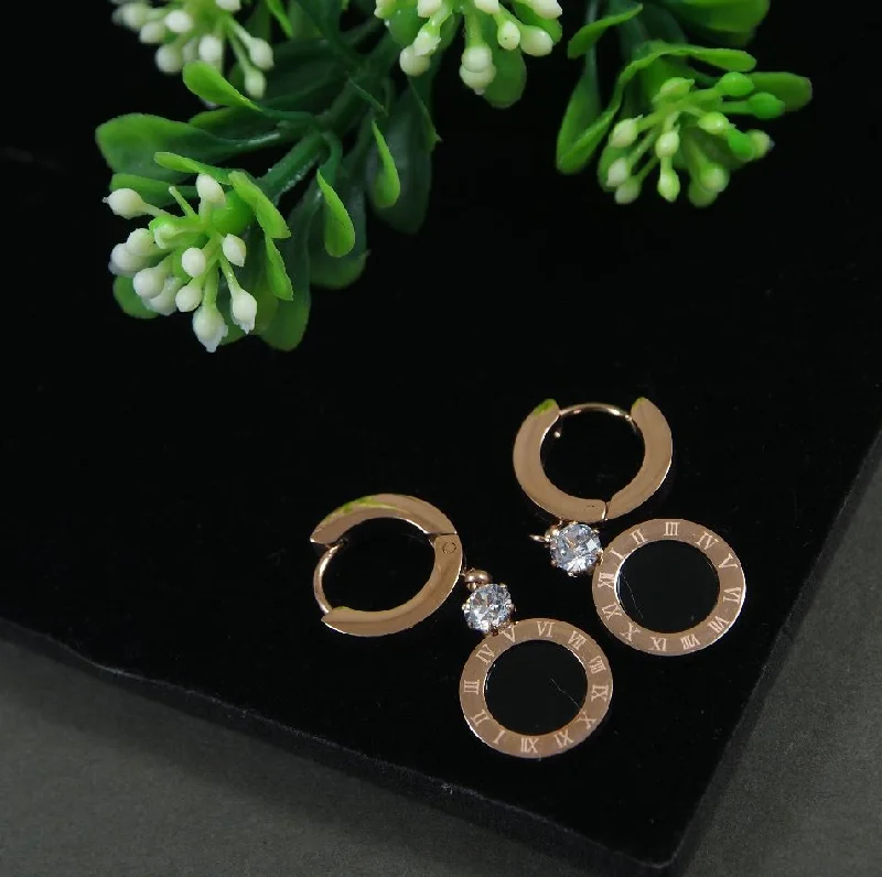 women’s gold earrings-Tarohi Jewels Stainless Steel Rosegold Plated Black Disc Round Shaped Hoops Earring-STNER 2869