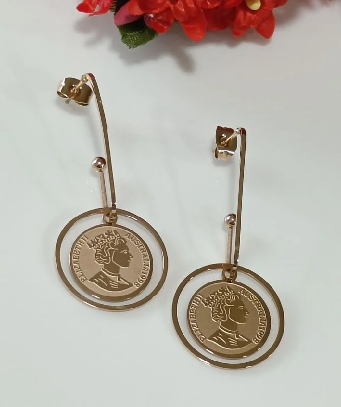 women’s teardrop earrings-Tarohi JewelsStainless Steel Gold/Rosegold Plated Queen Elizabeth Portrait Coin Drop Hanging Earring- STNER 2590