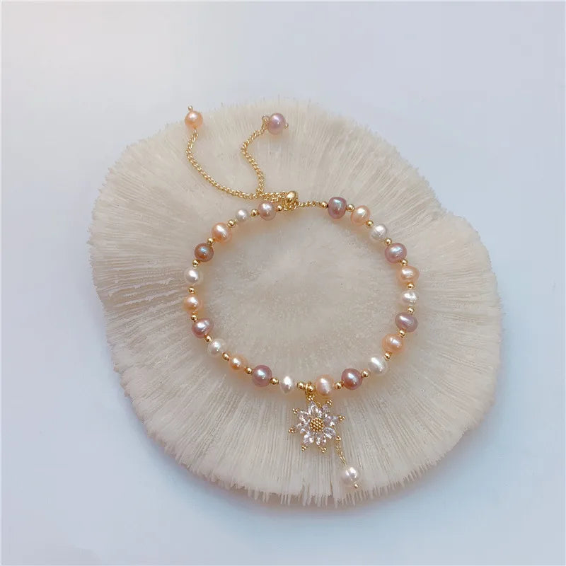 Colorful Freshwater Real Pearl Flower Zircon Bracelet