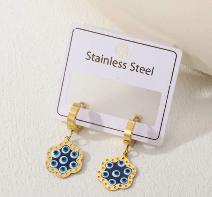 women’s anniversary earrings-Tarohi Jewels Stainless Steel Floral Shape Evil Eye Enamel Hoops Earring - STNER 5060