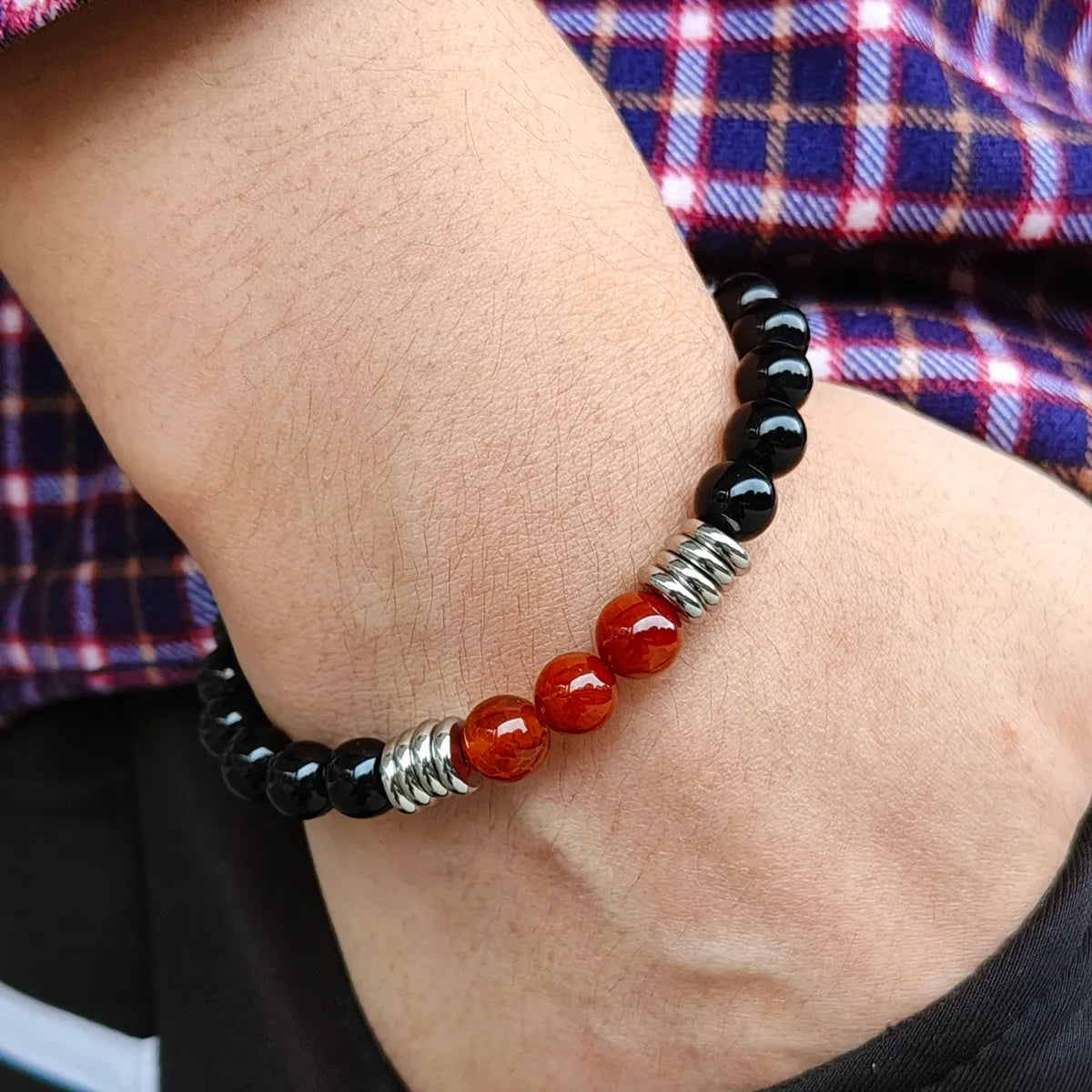 women’s fine bracelets-Basic Simple Style Round 304 Stainless Steel Natural Stone Obsidian Beaded Men'S Bracelets