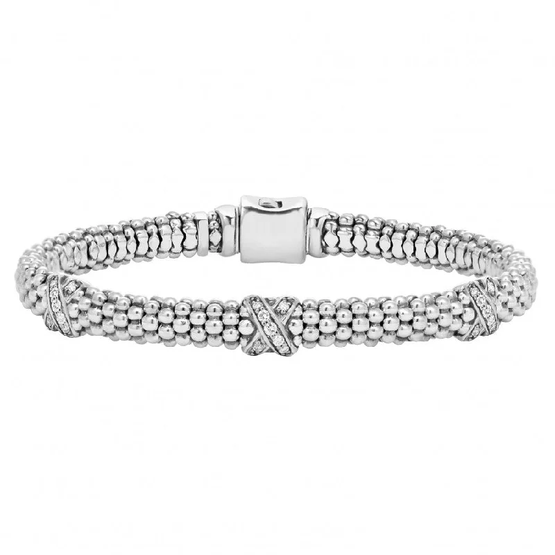 women’s elegant bangles-Lagos Sterling Silver Caviar Lux 3 Diamond X 6mm Bracelet