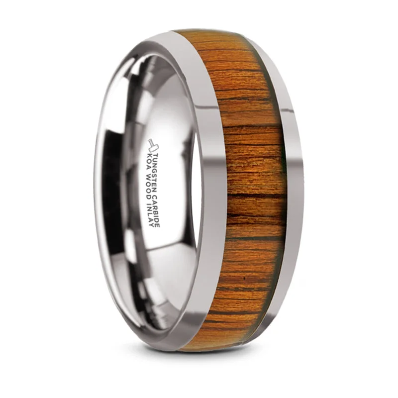 women’s modern engagement rings-Thorsten Kameha Tungsten Domed Profile Polished Finish Men’s Wedding Ring w/ Koa Wood Inlay (8mm) TC5953-DKW