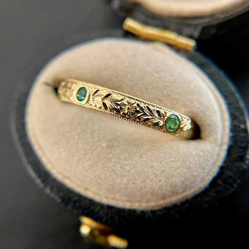 women’s vintage diamond rings-Hand Engraved Ring w Five Emeralds