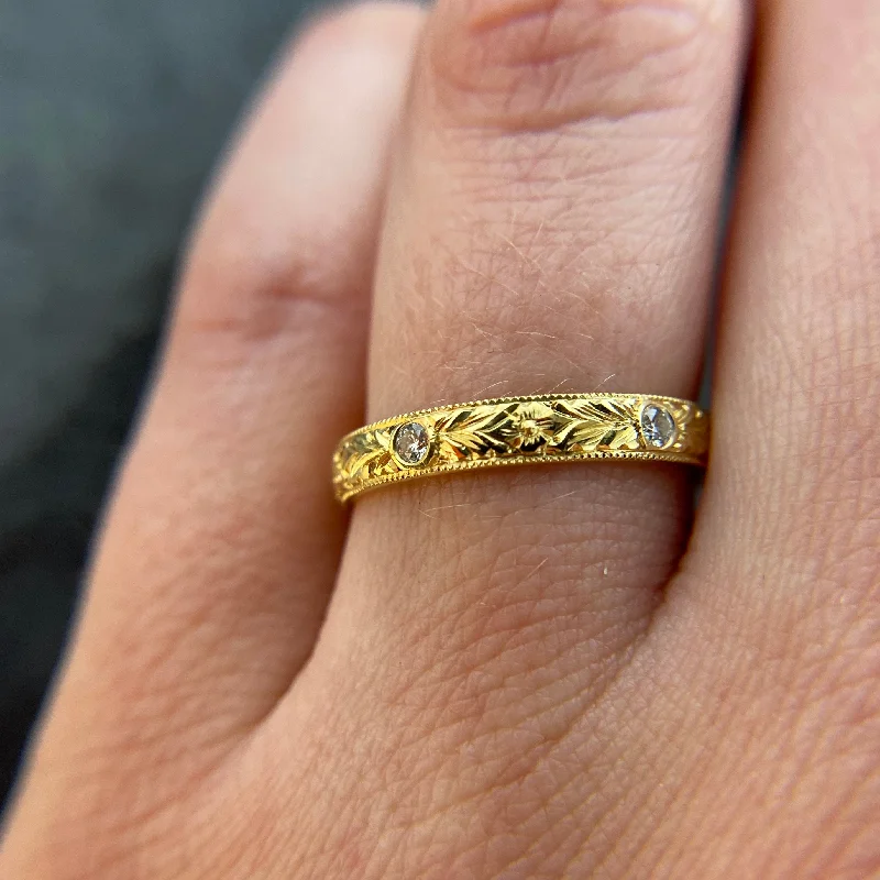 women’s handmade rings-Hand Engraved Ring w Five Diamonds