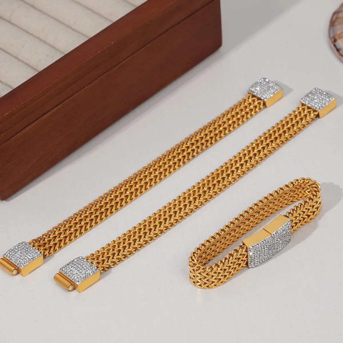 women’s layered bracelets-Titanium Steel 18K Gold Plated British Style Rectangle Inlay Rhinestones Bracelets