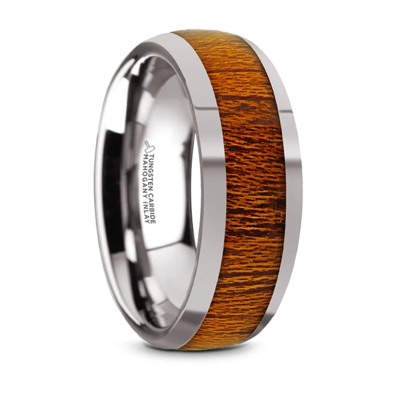 women’s fancy color engagement rings-Thorsten Swietenia Tungsten Carbide Mahogany Wood Inlay Domed Wedding Ring w/ Polished Finish (8mm) TC5954-DMW