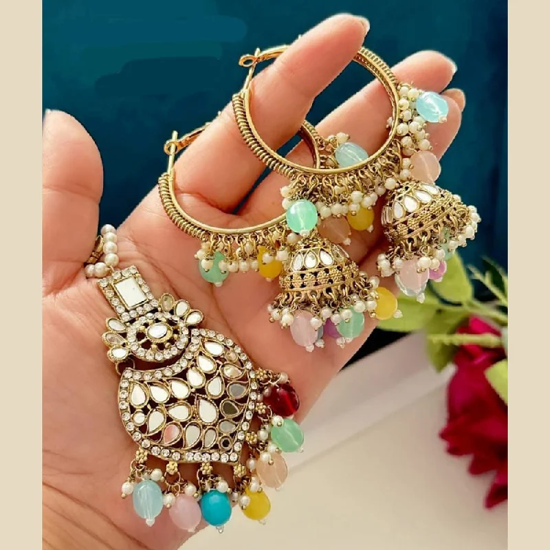 women’s rose gold earrings-FS Collection Gold Plated Beads And Mirror Earring With Mangtikka