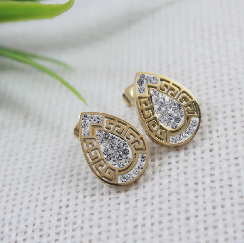 women’s flower earrings-Tarohi Jewels Stainless Steel Gold Plated Tear Drop Shaped Stud Earring- STNER 3848