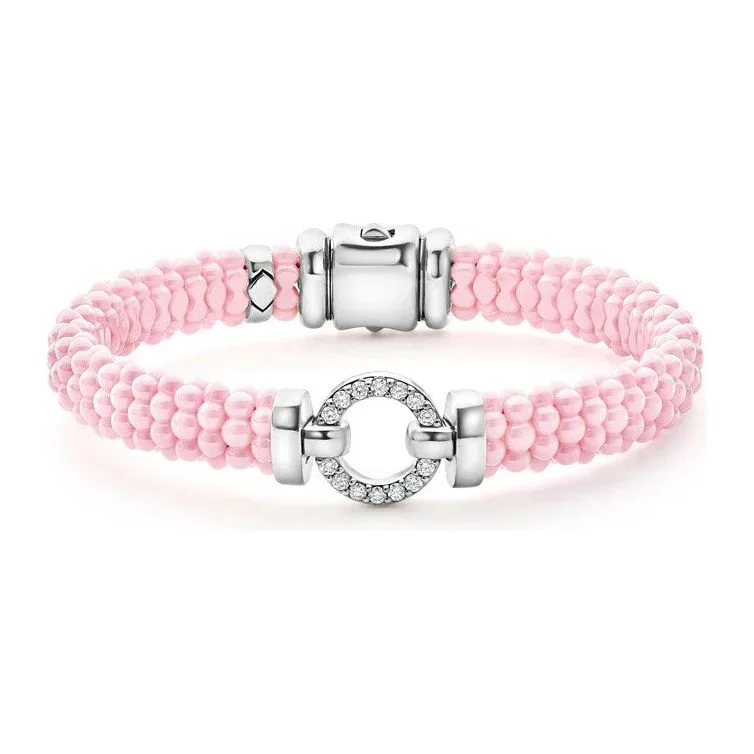 women’s friendship bangle bracelets-Lagos Sterling Silver Pink Caviar Ceramic Diamond Circle Bracelet