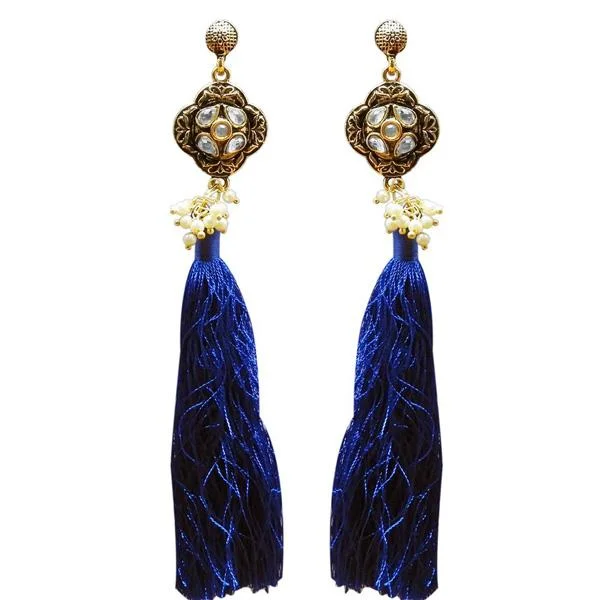 women’s amethyst earrings-Tip Top Fashions Gold Plated Kundan Pearl Blue Thread Earring - 1311414E