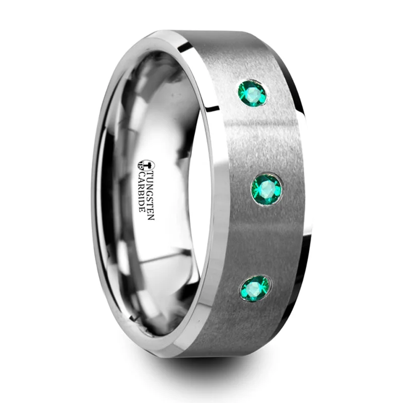 women’s engagement rings with side stones-Thorsten Icarus Brushed Tungsten Men’s Wedding Ring w/ Polished Beveled Edges & 3 Emeralds (8mm) T5424-BPBE