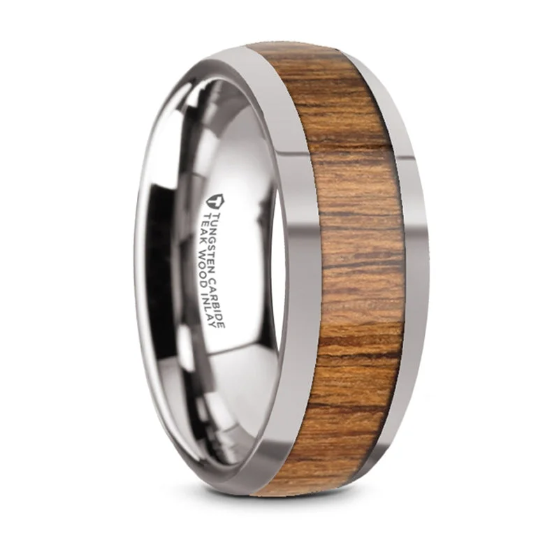 women’s black diamond engagement rings-Thorsten Thekka Domed Tungsten Carbide Polished Edges Teak Wood Inlaid Wedding Ring (8mm) W5974-TCTW