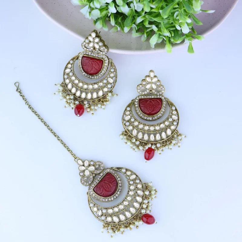 women’s vintage earrings-Etnico Gold Plated Traditional Pearl Hanging Kundan Stone Chandbali Earring With Maang Tikka For Women/Girls(TE3029R)