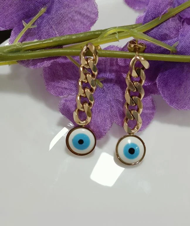 women’s handmade earrings-Tarohi JewelsStainless Steel Gold/Rosegold Plated Evil Eye Chain Earring- STNER 2587