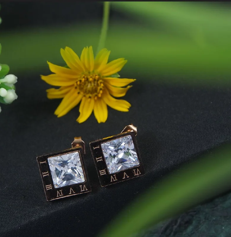 women’s vintage earrings-Tarohi JewelsStainless Steel Rosegold Plated Square Shaped Roman Numerals Stud Earring-STNER 2849