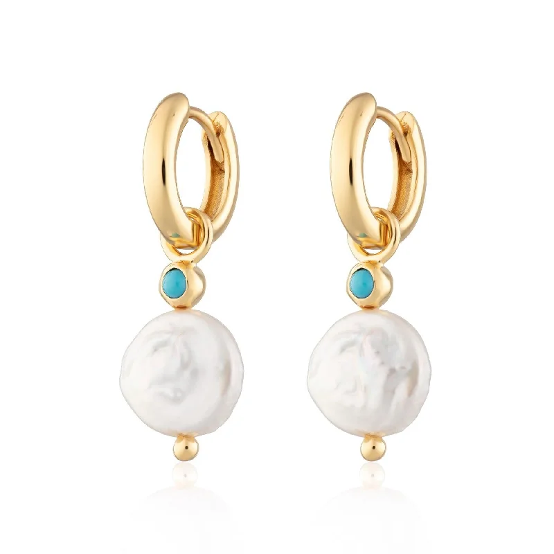 women’s cubic zirconia earrings-Scream Pretty Pearl and Turquoise Charm Hoops