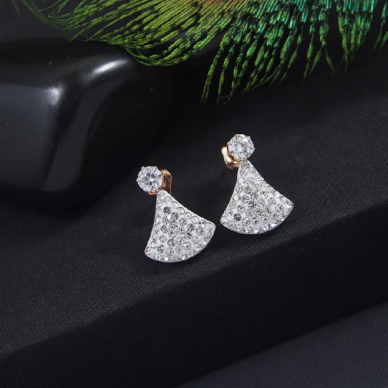 women’s crystal earrings-Tarohi Jewels Stainless Steel Rosegold Plated White Bulgari Diva Drop Earring-STNER 2922