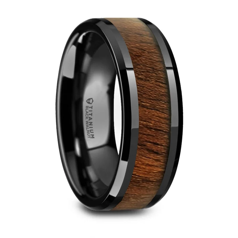 women’s cathedral engagement rings-Thorsten Kony Black Titanium Polished Beveled Edges Black Walnut Wood Inlaid Wedding Ring (8mm) T6000-BTWW