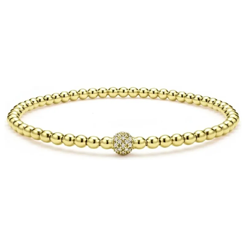 women’s double-layered bangles-Lagos 18K Caviar Gold Pave Diamond 3mm Ball Stretch Bracelet