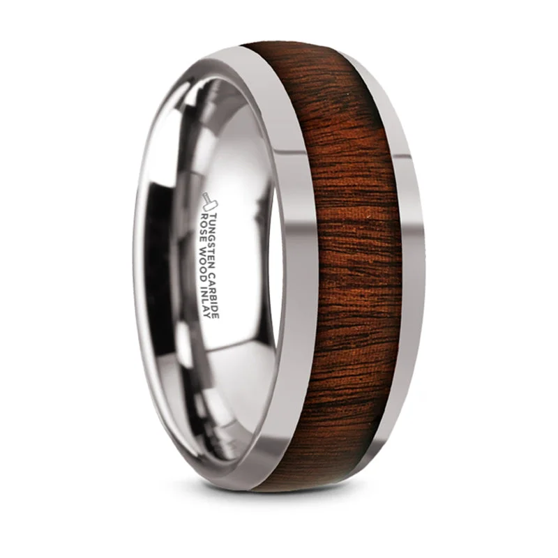 women’s luxury engagement rings-Thorsten Dalberg Tungsten Carbide Rose Wood Inlay Polished Finish Domed Wedding Ring (8mm) TC5956-DRW