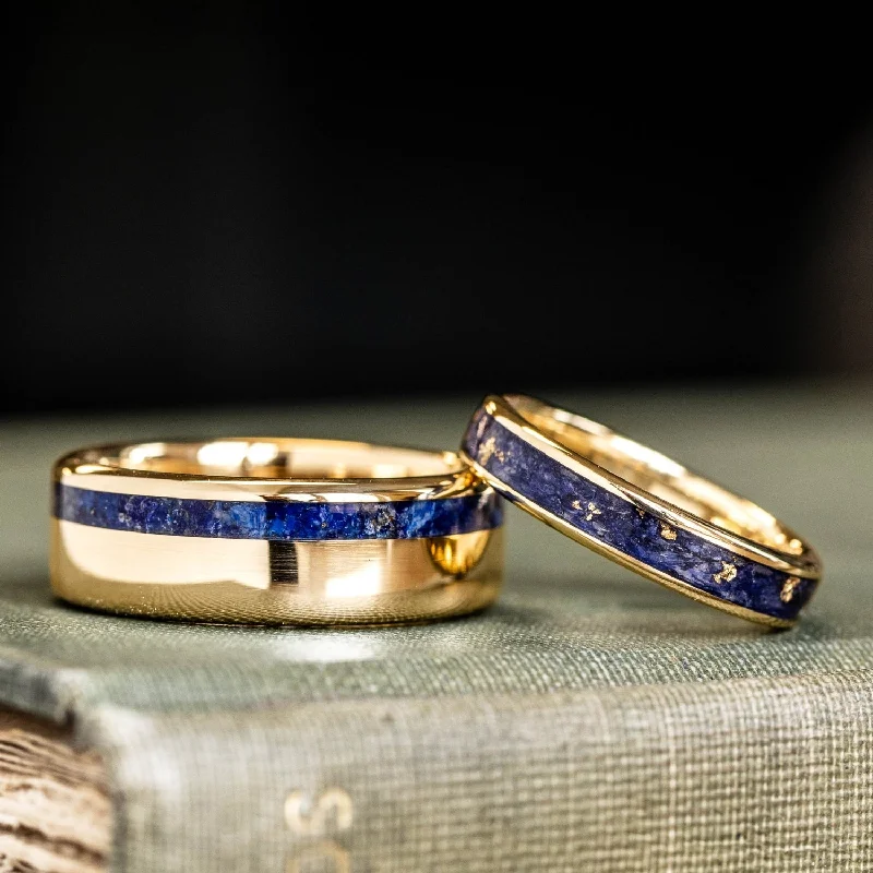 women’s luxury diamond engagement rings-The Pharaoh & Starry Night - His and Hers Blue and Gold Wedding Ring Set