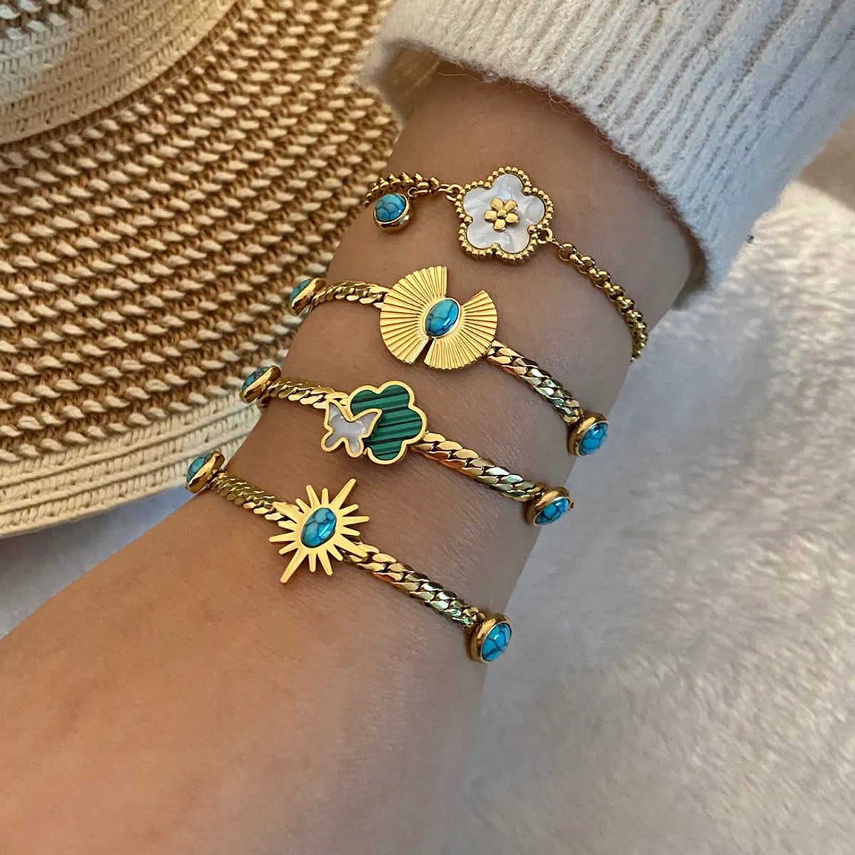 women’s chunky bracelets-Stainless Steel 18K Gold Plated Retro Commute Plating Inlay Flower Butterfly Turquoise Bracelets