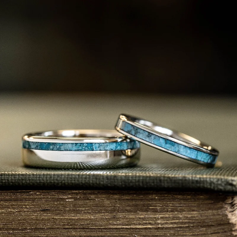 women’s engagement rings with matching bands-The Odyssey & Serenity - Turquoise and Gold Matching Wedding Ring Set