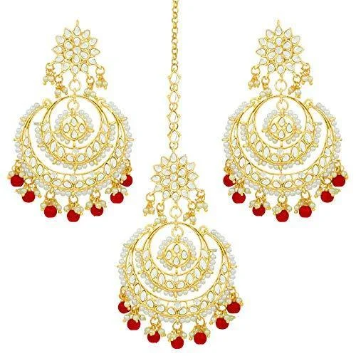 women’s handmade earrings-Etnico Traditional Gold Plated Wedding Chandbali Kundan & Pearl Earring Set With Maang Tikka for Women (TE7077R)