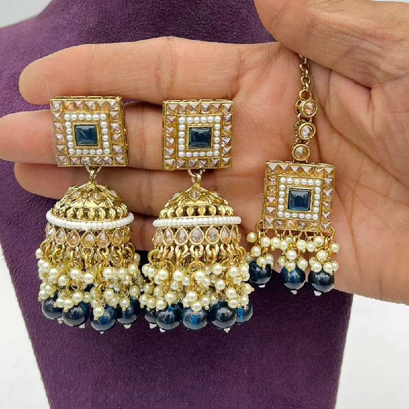 women’s chandelier earrings-Pooja Bangles Gold Plated Crystal And Pearl Jhumki With Maangtikka