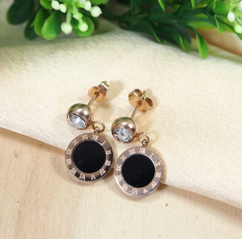 women’s pearl drop earrings-Tarohi Jewels Stainless Steel Rosegold Plated Roman Numerals Black Disc Earring- STNER 2717