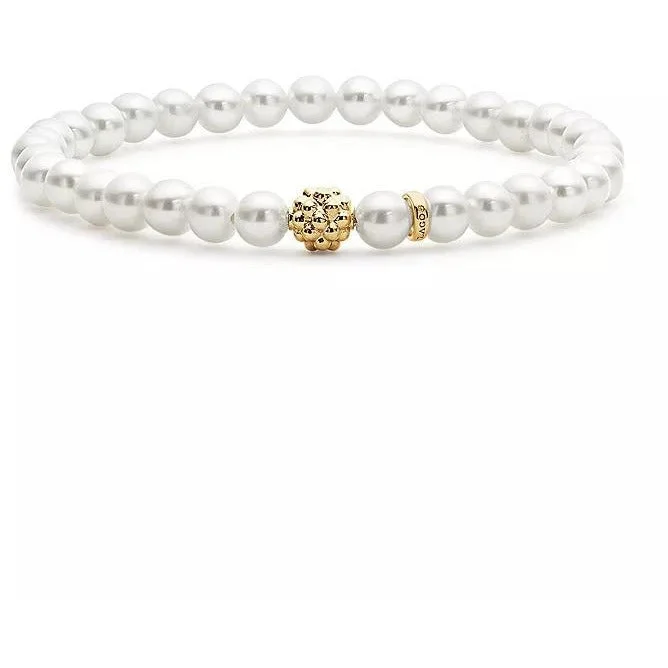 women’s silver bangle bracelets-Lagos 18K Gold Caviar Icon Pearl 6mm Stretch Bracelet