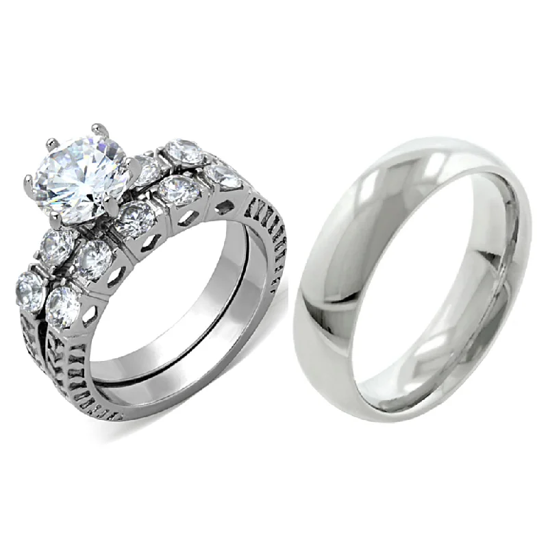 women’s traditional engagement rings-His Hers 3 PCS 8x8 mm Round Cut CZ Womens Wedding Ring Set & Mens Matching Band