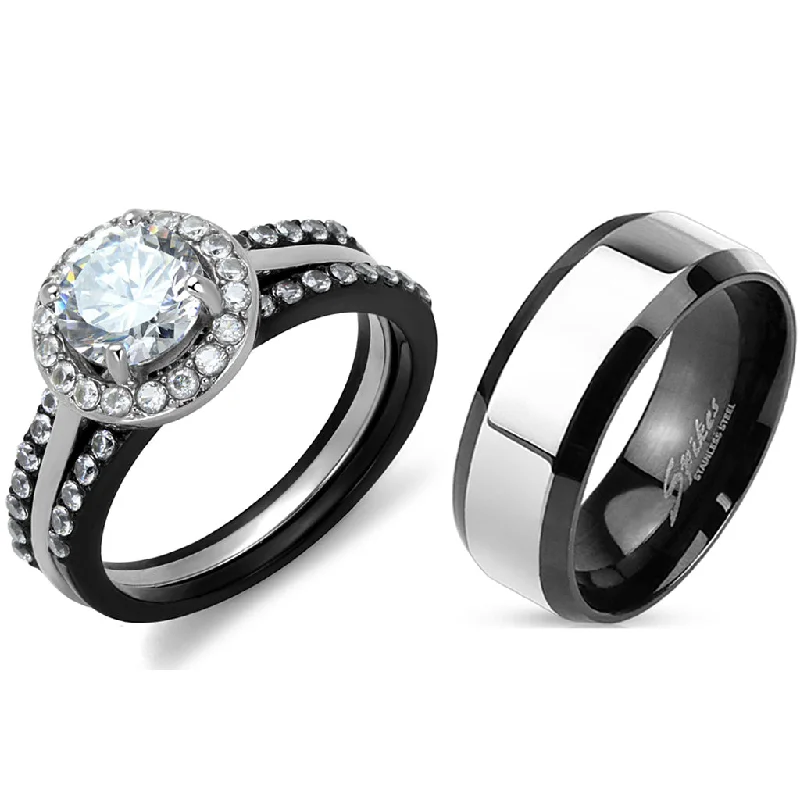 women’s diamond engagement rings-His Hers Matching Ring Set Womens 1 Carat 7x7mm CZ Black Wedding Ring Set Mens Two Tone Band