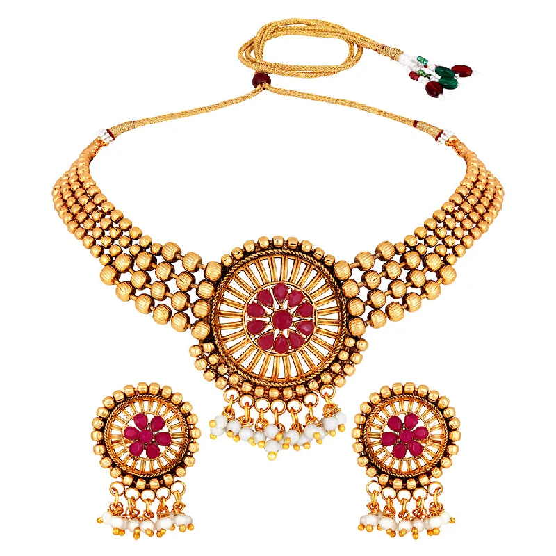 women’s charm and pendant necklaces-Shrishti Fashion Round Shape Traditional Gold Plated Choker Necklace Set For Women