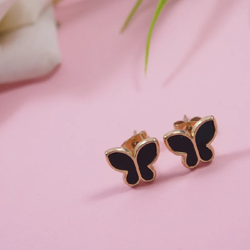 women’s opal earrings-Tarohi Jewels Stainless Steel Rosegold Plated Black and White Pearl Butterfly Stud Earring- STNER 3860