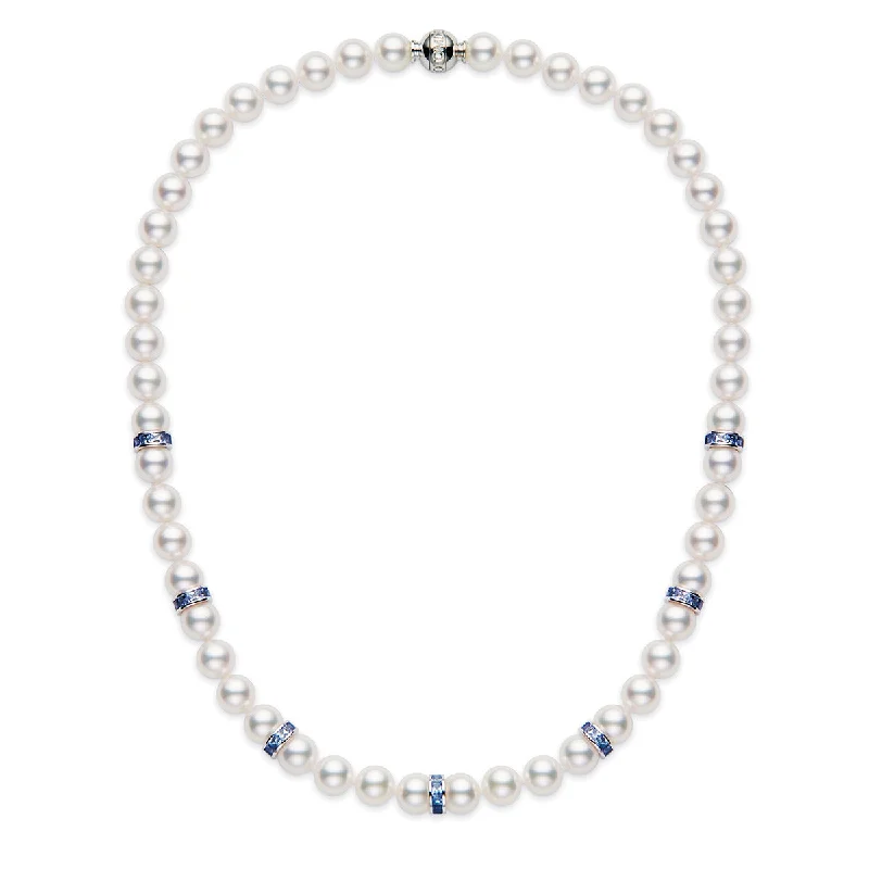 women’s classic gold necklaces-Akoya Cultured Pearl Strand Necklace with Blue Sapphire Rondelles