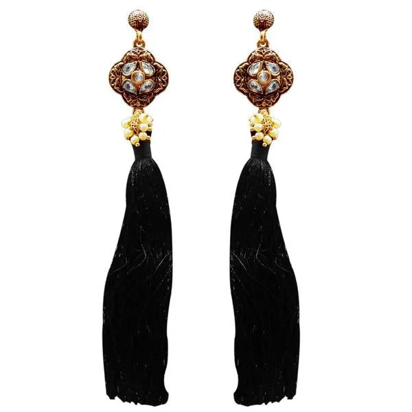 women’s hoop earrings with charms-Tip Top Fashions Gold Plated Kundan Pearl Black Thread Earring - 1311414C