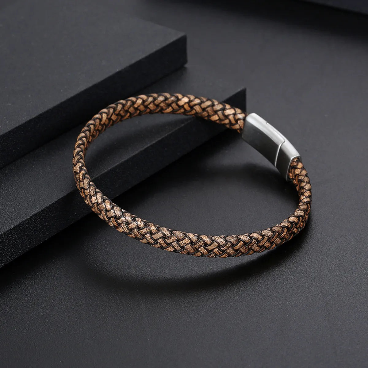 women’s luxurious bracelets-Retro Color Block 304 Stainless Steel Pu Leather Polishing Men'S Bangle