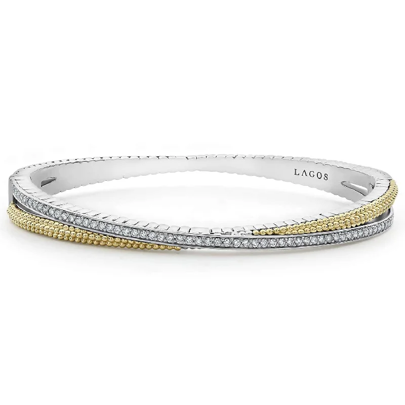 women’s simple bracelets-Lagos 18K and Sterling Silver Caviar Lux Diamond Crossover Cuff Bracelet