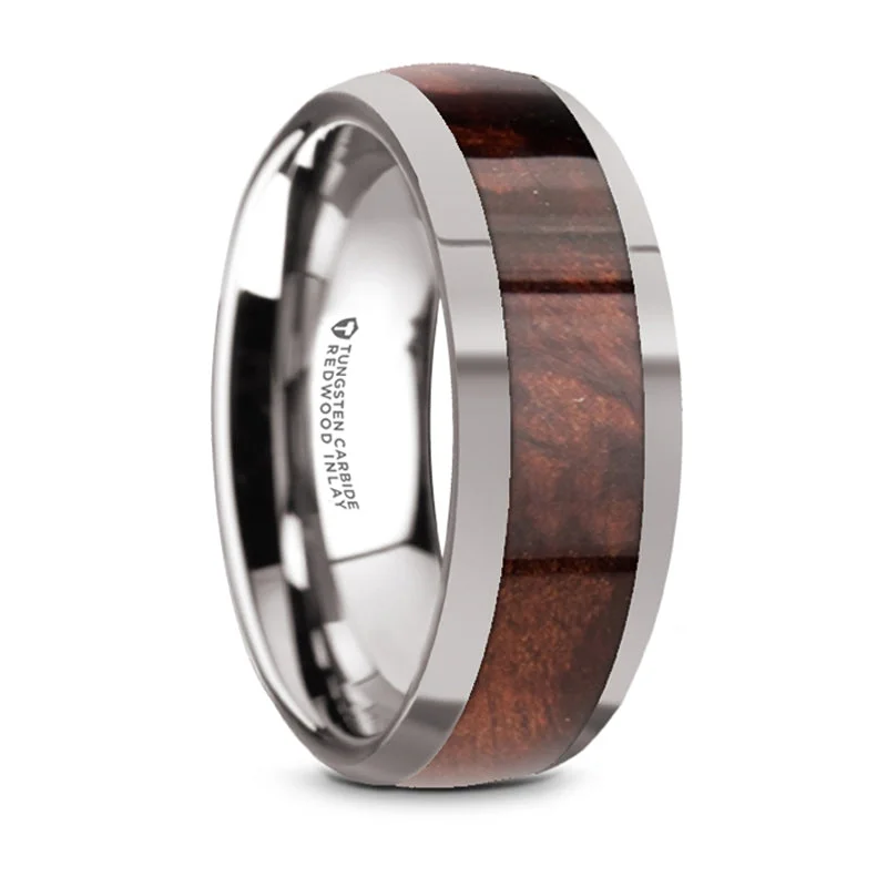 women’s promise engagement rings-Thorsten Grove Tungsten Polished Edges Domed Wedding Ring w/ Redwood Inlay (8mm) W5975-TCRW