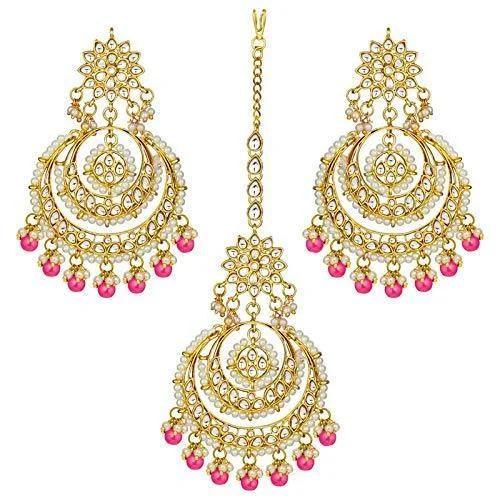 women’s elegant earrings-Etnico Traditional Gold Plated Wedding Chandbali Kundan & Pearl Earring Set With Maang Tikka for Women (TE7077Q)