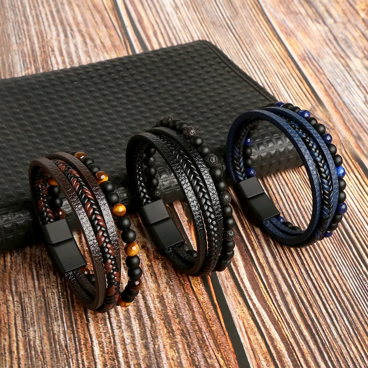 women’s beaded bangles-Hip-Hop Retro Round Pu Leather Natural Stone Knitting Men'S Bracelets