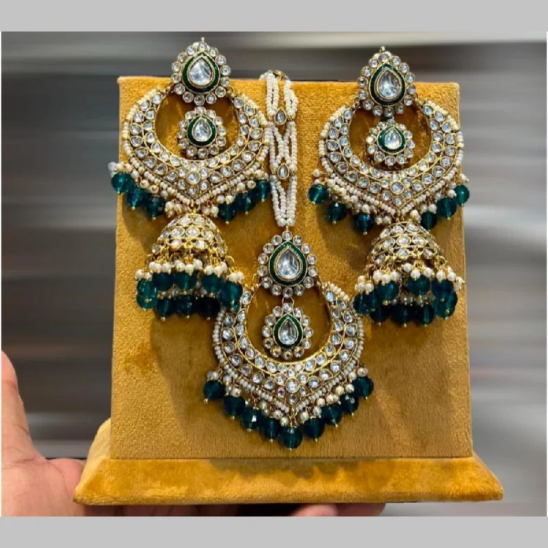 women’s artistic hoop earrings-Hira Collections Gold Plated Kundan Stone And Beads Jhumki With Maangtikka